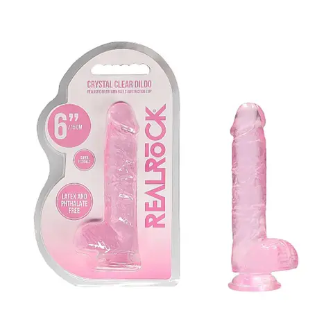 RealRock Crystal Clear Realistic 6 in. Dildo With Balls and Suction Cup in Pink