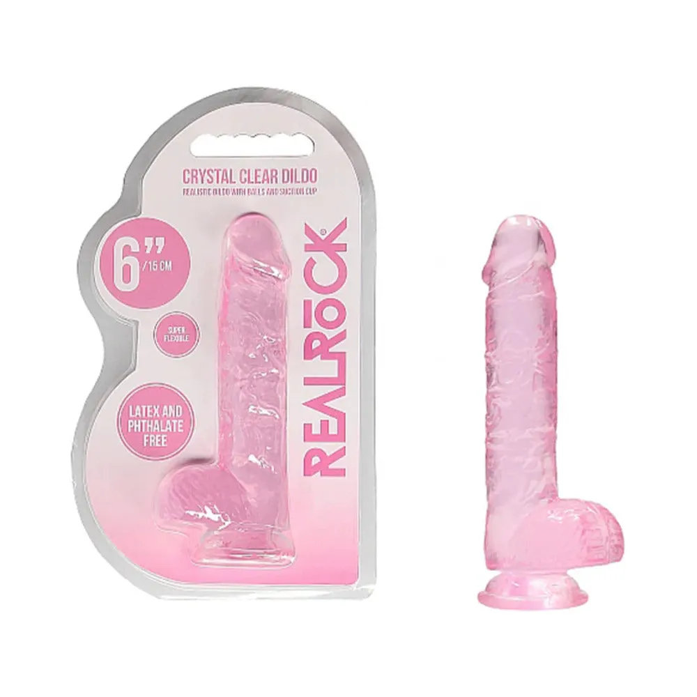 RealRock Crystal Clear Realistic 6 in. Dildo With Balls and Suction Cup in Pink