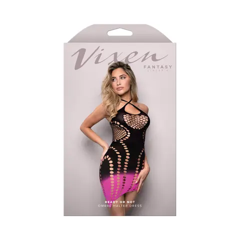 Fantasy Lingerie Vixen Ready Or Not Ombré Knit Asymmetrical Keyhole Halter Dress Black/Pink O/S in Black