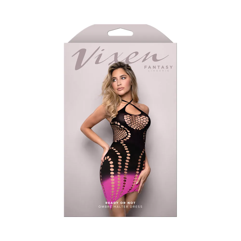 Fantasy Lingerie Vixen Ready Or Not Ombré Knit Asymmetrical Keyhole Halter Dress Black/Pink O/S in Black