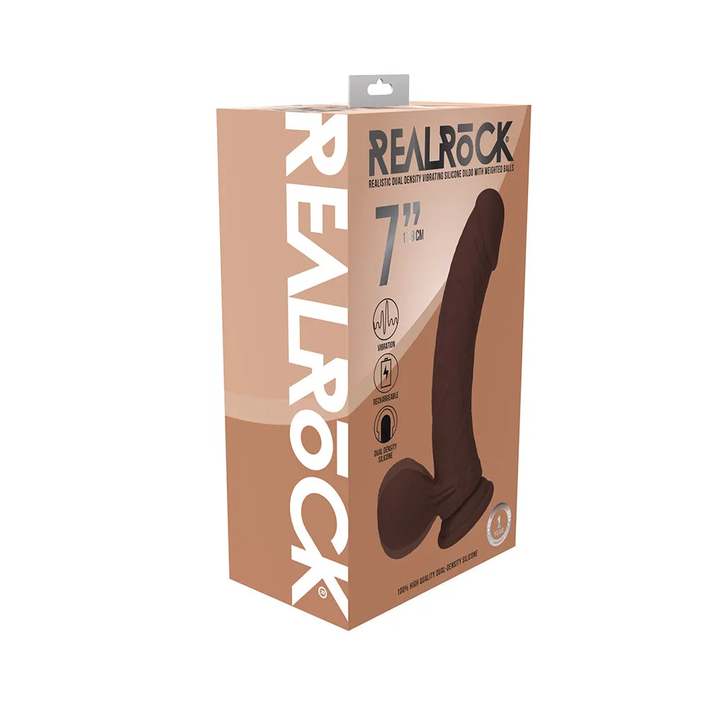 Realrock Realistic Dual Density Vibrating Silicone Dildo with Weighted Balls 7 in. in Brown