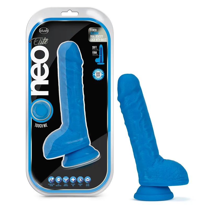 Neo Elite 9 in. Silicone Dual Density Dildo with Balls Neon Blue