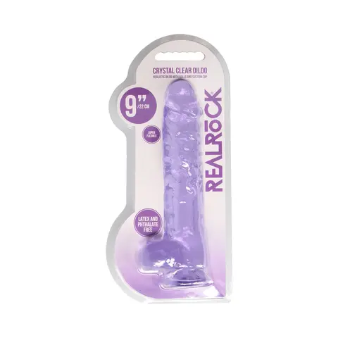 RealRock Crystal Clear Realistic 9 in. Dildo With Balls and Suction Cup in Purple