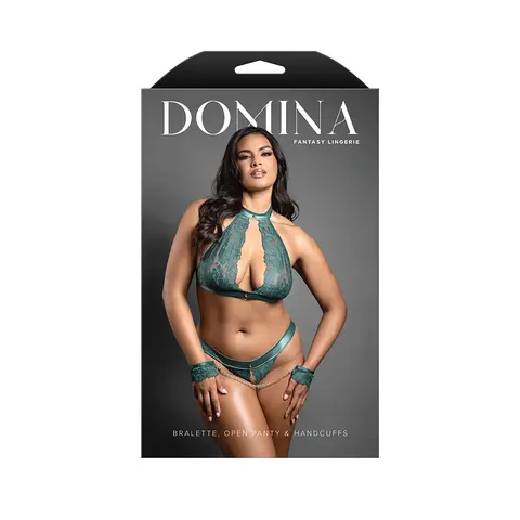 Fantasy Lingerie Domina Keyhole Halter Bralette & Open Panty with Detachable Chain-Link Cuffs Pine Green S/M