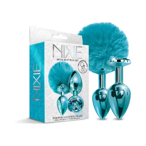 NIXIE Metal Butt Plug Set Pom Pom and Jewel-Inlaid Metallic in Blue
