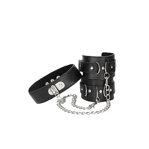 Ouch! Black & White Adjustable Bonded Leather Collar With Hand Cuffs & Chain Black