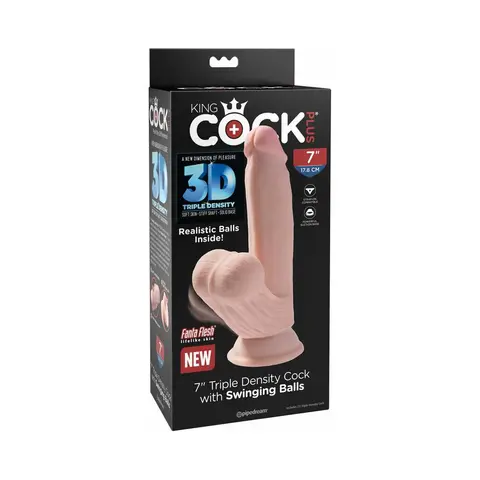 King Cock Plus 7 in. Triple-Density Cock With Swinging Balls Dildo in Beige