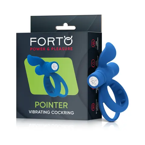 Forto Pointer Rechargeable Silicone Vibrating Dual Cockring with External Stimulator in Blue