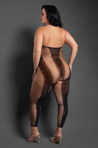 Fantasy Lingerie Sheer Make Your Move Footless Open-Crotch Halter Bodystocking Black Queen Size in Black