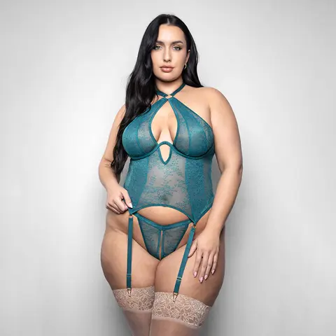 Fantasy Lingerie Elusive Kasmira Gartered Halter Bustier with Crotchless G-String M/L
