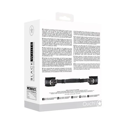 Ouch! Black & White Adjustable Bonded Leather Wrist Cuffs With Handle Black