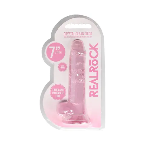 RealRock Crystal Clear Realistic 7 in. Dildo With Balls and Suction Cup in Pink