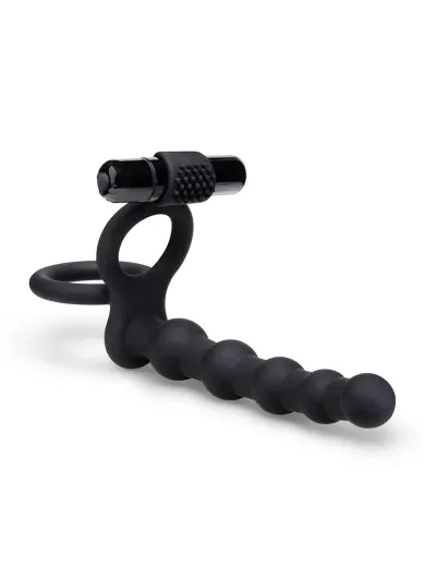 6 inch beaded vibrating double penetration strap-on cock ring