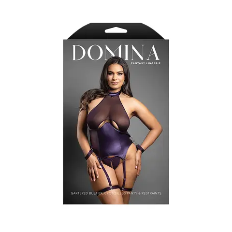 Fantasy Lingerie Domina Gartered Bustier & Crotchless Panty w/Detachable Restraints/Garters Deep Purple M/L