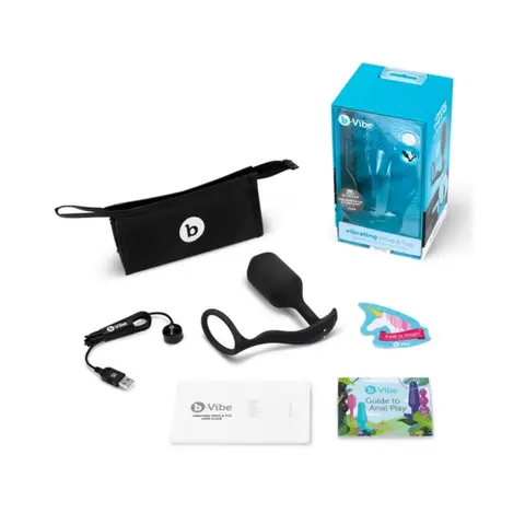 b-Vibe Vibrating Snug & Tug Rechargeable Weighted Silicone Anal Plug with Cockring Medium in Black