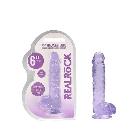 RealRock Crystal Clear Realistic 6 in. Dildo With Balls and Suction Cup in Purple