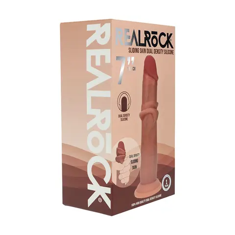 Realrock Sliding Skin Dual Density Silicone Dildo 7 in. in Tan