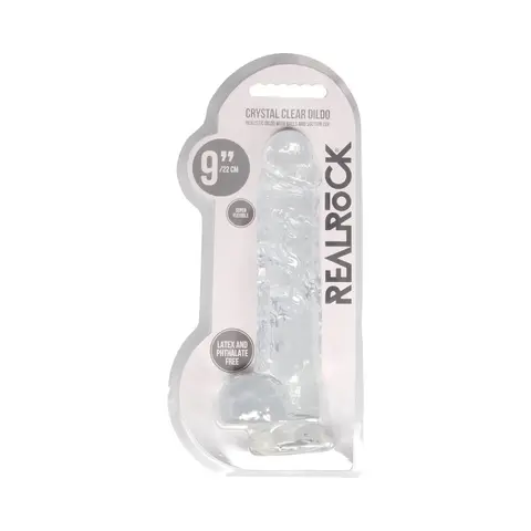 RealRock Crystal Clear Realistic 9 in. Dildo With Balls and Suction Cup in Clear