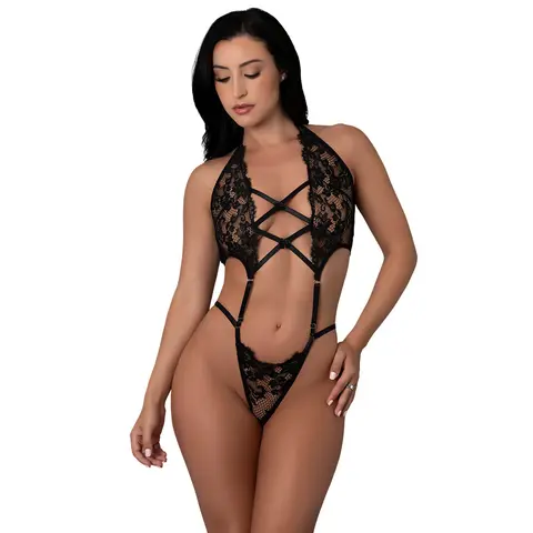 Magic Silk Black Cherry Plunge Top with Removable Chaps & Cheeky Panty Black L/XL in Black