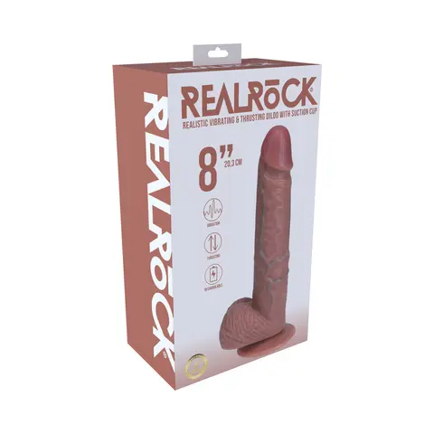 RealRock 8 in. Vibrating and Thrusting Cock with Balls Regular Straight in Tan