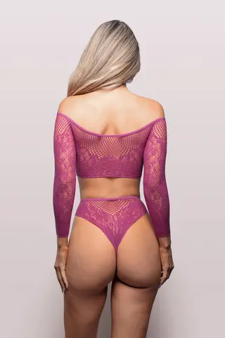 Fantasy Lingerie Vixen Your Desire Off-The-Shoulder Long Sleeve Top & Panty Magenta O/S