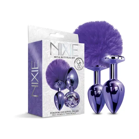 NIXIE Metal Butt Plug Set Pom Pom and Jewel-Inlaid Metallic in Purple