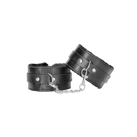 Ouch! Black & White Adjustable Plush Bonded Leather Ankle Cuffs Black