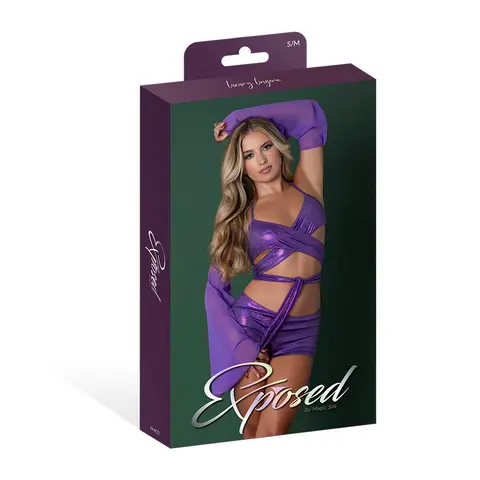 Magic Silk Glimmer Wrap Bralette, Booty Shorts & Sleeve Set Purple Disco S/M