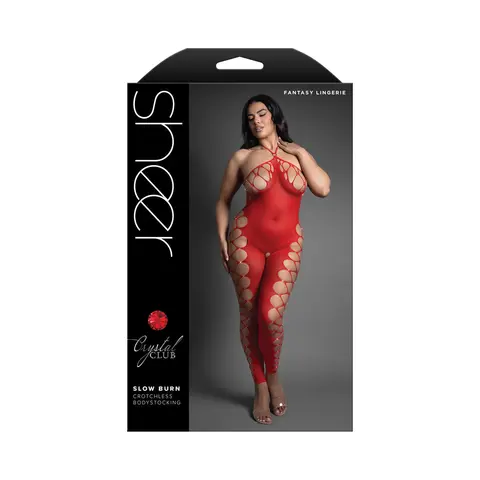 Fantasy Lingerie Sheer Crystal Club Slow Burn Footless Open Crotch Halter Bodystocking O/S