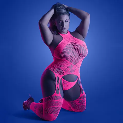 Fantasy Lingerie Glow Captivating High Neck Halter Bodystocking & G-String Set Neon Pink O/S in Glow in the Dark