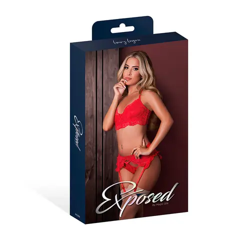 Magic Silk Sugar High Bra, Garter & Panty Set Red S/M