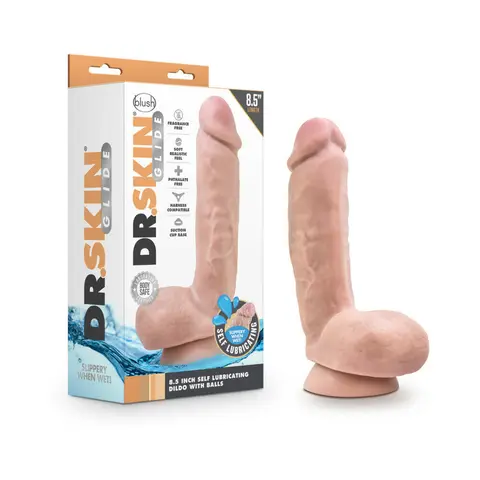 Dr. Skin Glide Realistic 8.5 in. Self-Lubricating Dildo with Balls in Beige