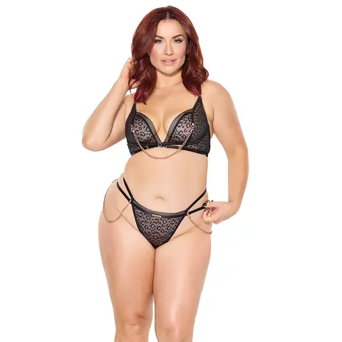 Coquette Pleasure Bra & G-String Black Queen Size