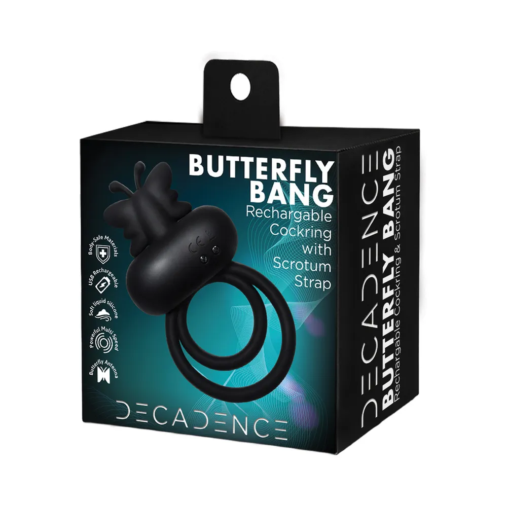 Decadence Butterfly Bang Cock&Ball Strap With Vibrating Stiimulation Antena Stimulator Liquid Silicone Multi-Speed Rechargeable