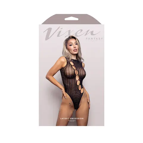 Fantasy Lingerie Vixen Latest Obsession Teddy with Diagonal Rhinestone Accent Cut-Outs Black Queen Size in Black