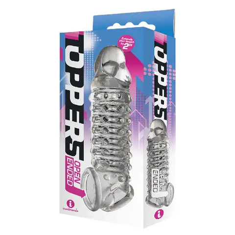 The 9's Toppers Open-Ended, Ribbed, and Nubbed Penis Extender in Clear
