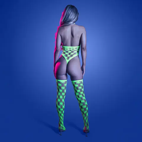 Fantasy Lingerie Glow Adrenaline Halter Teddy & Stockings in Rhinestone Fishnet O/S in Glow in the Dark