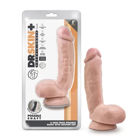 Dr. Skin Plus Thick 8 in. Triple Density Posable Dildo with Balls in Beige