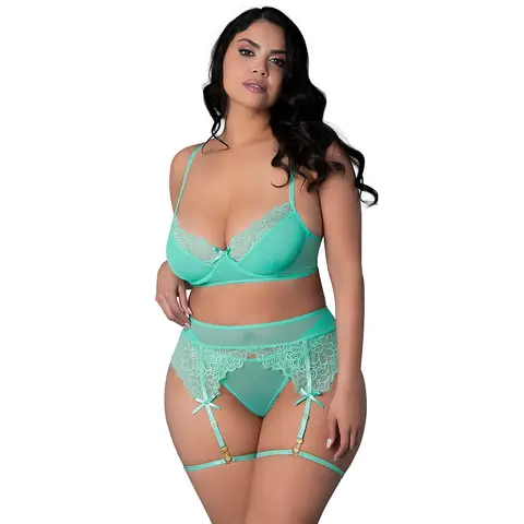 Magic Silk Caribbean Crush Demi Bra & Thong with Garter Set Aqua Glow Queen Size