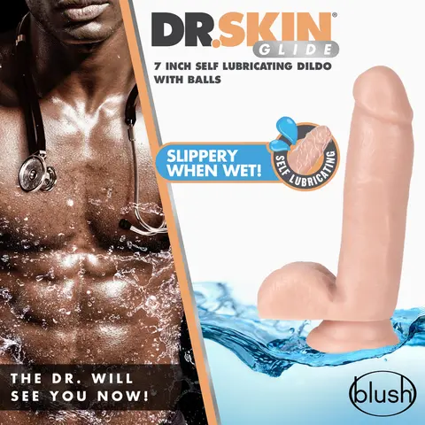 Dr. Skin Glide Realistic 7 in. Self-Lubricating Dildo with Balls in Beige