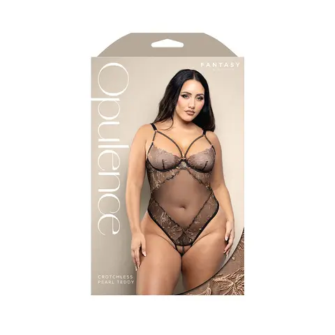 Fantasy Lingerie Opulence Crotchless Pearl Cage Neckline Teddy with Adjustable Pearl G-String Black S/M in Black