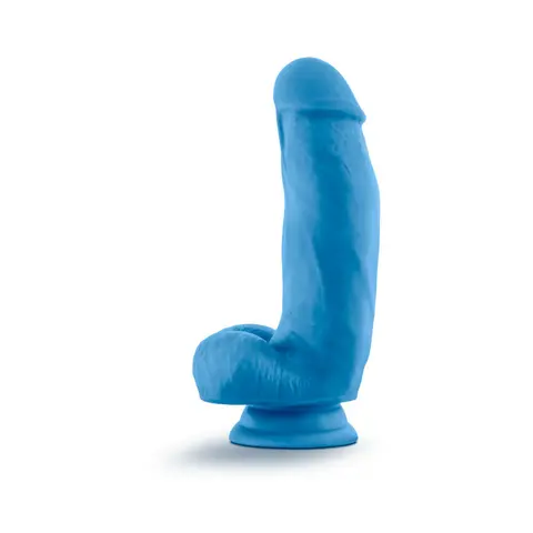 Neo Elite 7 in. Silicone Dual Density Dildo with Balls Neon in Blue