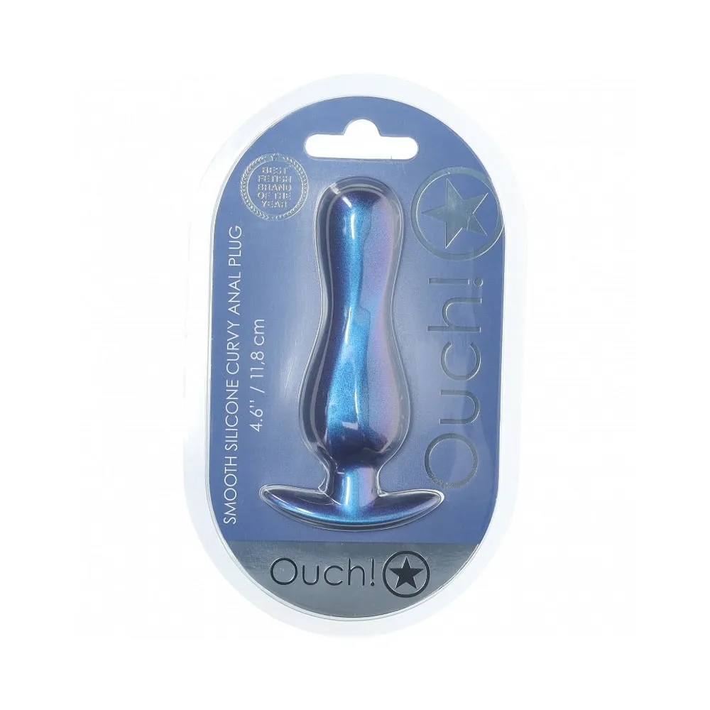 Ouch! Smooth Silicone Curvy Anal Plug 4.6 in. Metallic in Blue