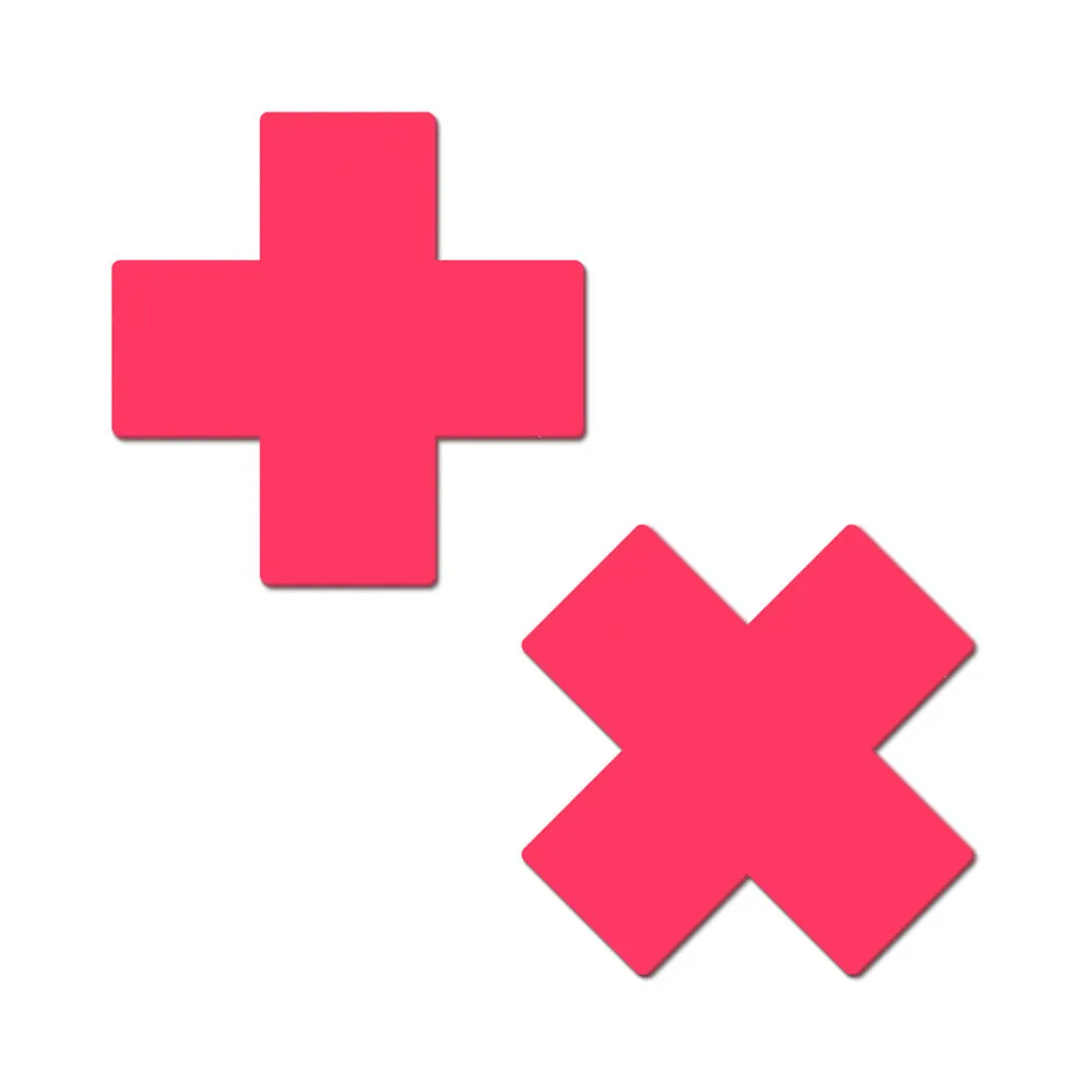 Pastease Plus X: Glow-in-the-Dark Neon Pink Cross Pasties Nipple Covers