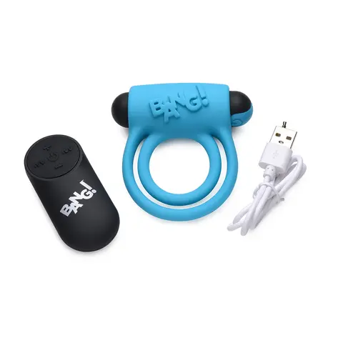 BANG! Silicone Cock Ring & Bullet with Remote Control in Blue