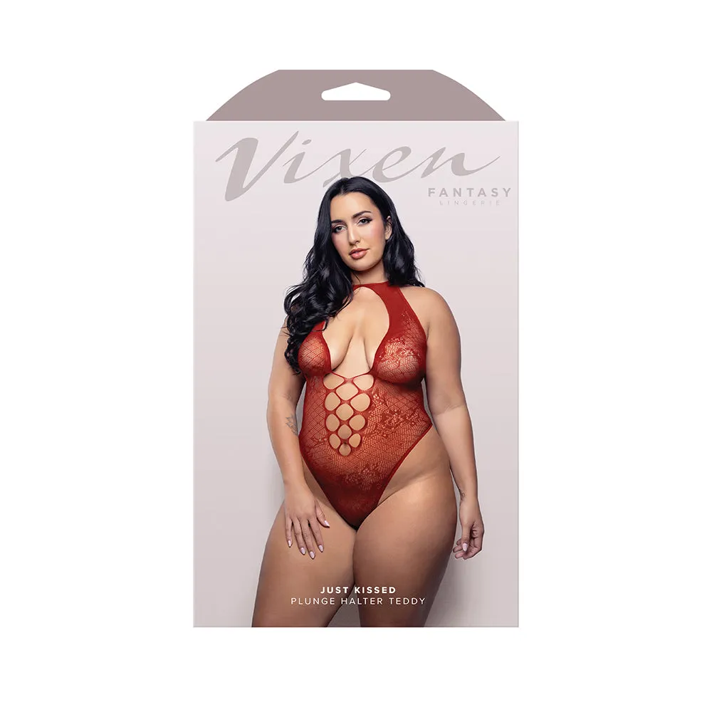 Fantasy Lingerie Vixen Just Kissed Halter Tie Plunge Teddy Red Queen Size