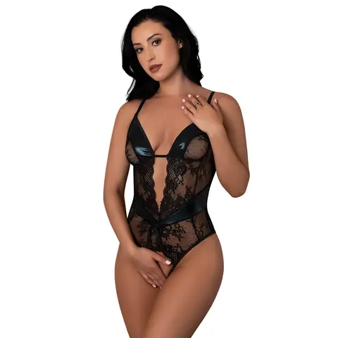 Magic Silk Euro Lux Crotchless Plunge Teddy Black S/M
