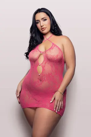 Fantasy Lingerie Vixen Call Me Baby Criss-Cross Halter Tie Dress with Pearl Details Hot Pink O/S