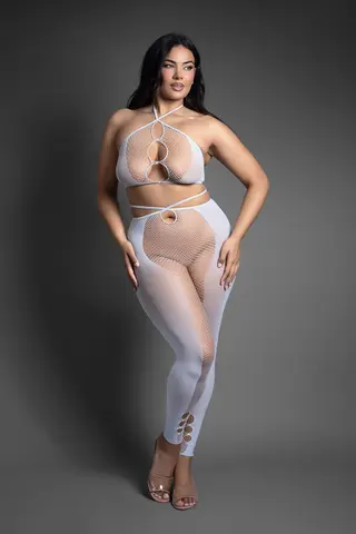 Fantasy Lingerie Sheer Crystal Club Pull Me Closer Halter Top and Footless Open Crotch Stockings O/S