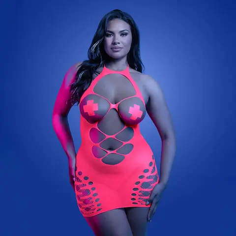 Fantasy Lingerie Glow Aphrodisiac UV Reactive Open Bodice Halter Dress & Pasties Queen Size in Glow in the Dark